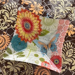 Colorful Floral and Butterfly Glass Serving Bowl